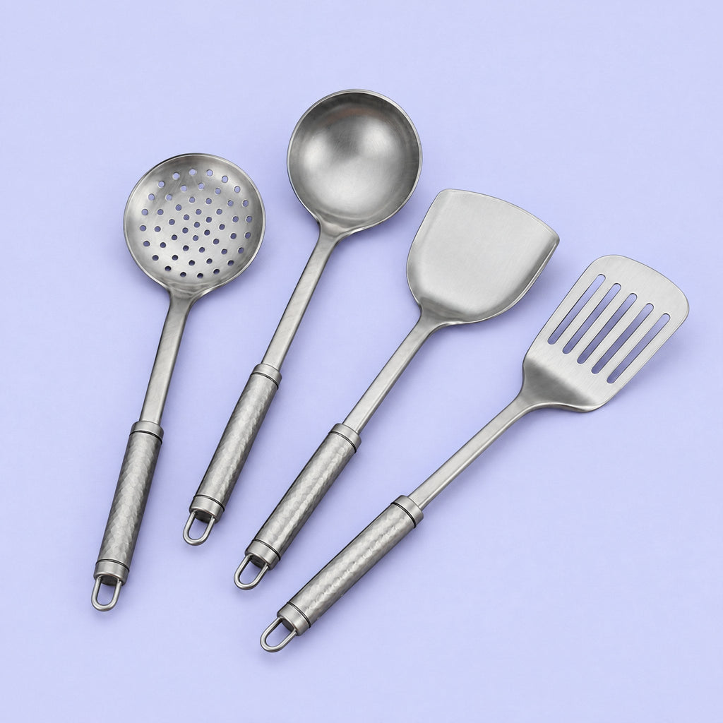 Ustensiles en titane FUDAN : écumoire, louche, spatule et spatule ajourée